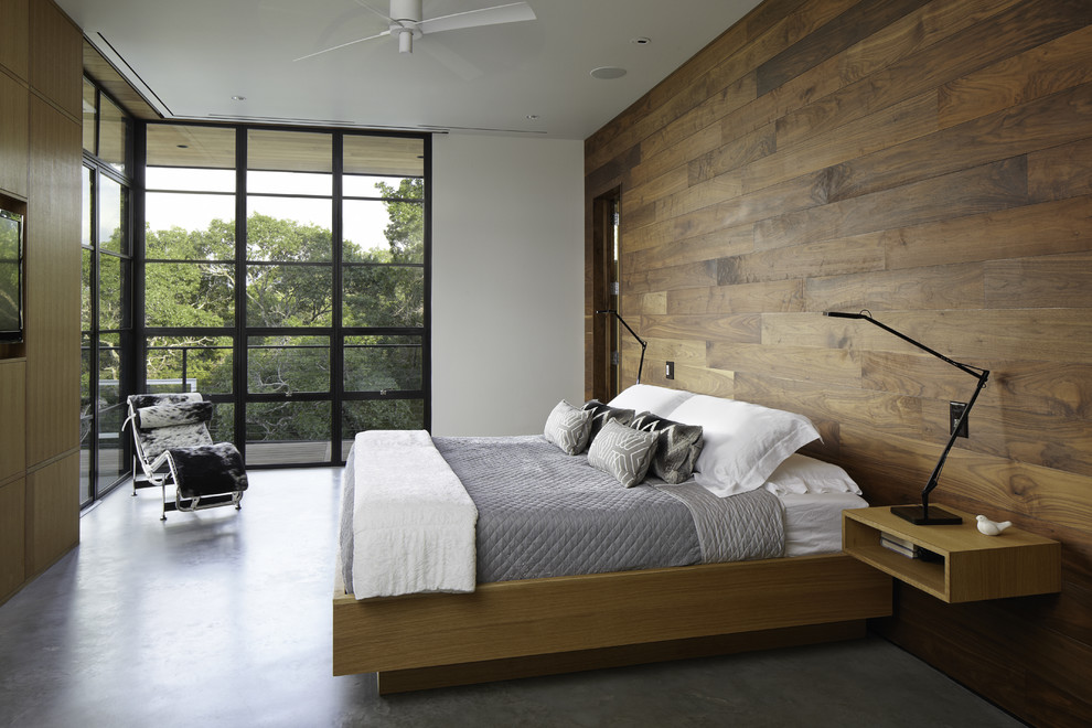 Concrete Floors Wooden Wall Master Bedroom Design