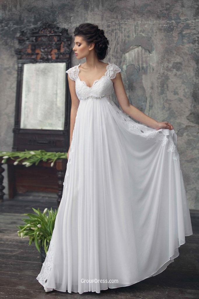Elegant Empire Cap Sleeves Chiffon Lace Summer Wedding Dress