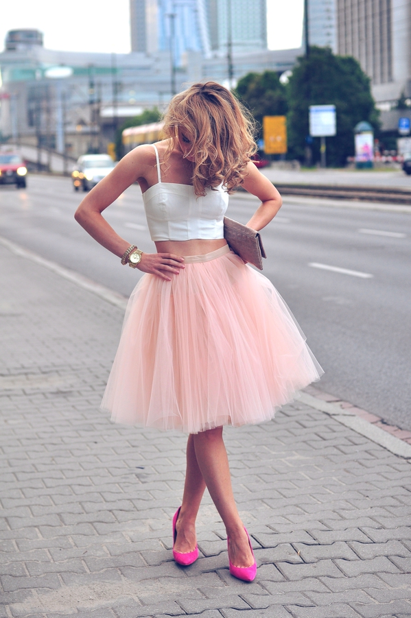 Pink Tulle Skirt And White Crop Top