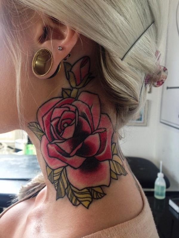 Red Rose Neck Tattoos Design For Girls