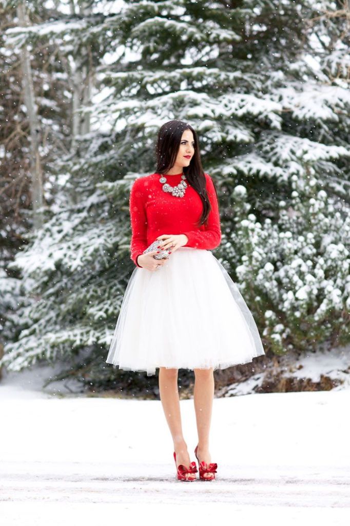 Tulle skirt paired with red