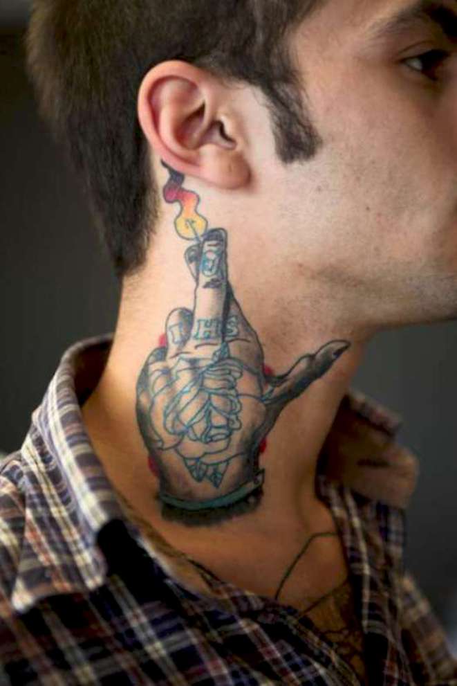 hand tattoo design on neck for men