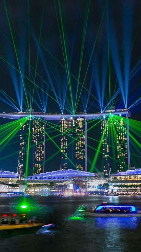 singapore, marina bay sands, glare, Night lights laser show