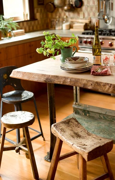 rustic wood dining table with benches