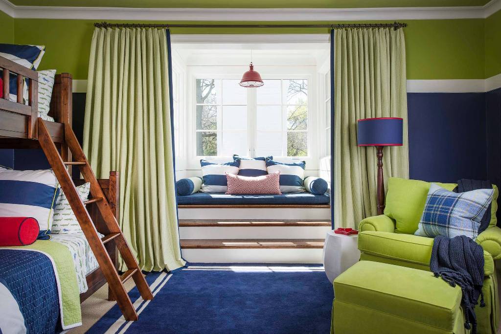 Blue And Green Mix Kids Bedroom With Window Seat