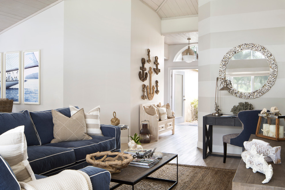 Nautical Living with Navy Blue sofa, White Natural Textures