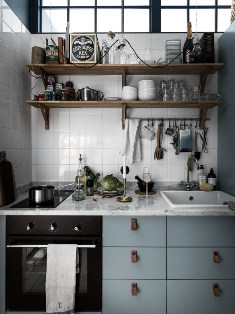 Small Space Kitchen White Tiles Wall With Open Wood Shelves