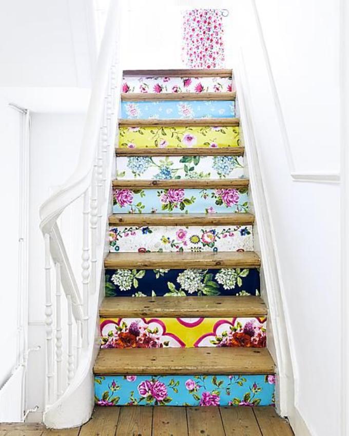 patterned wallpaper on staircase