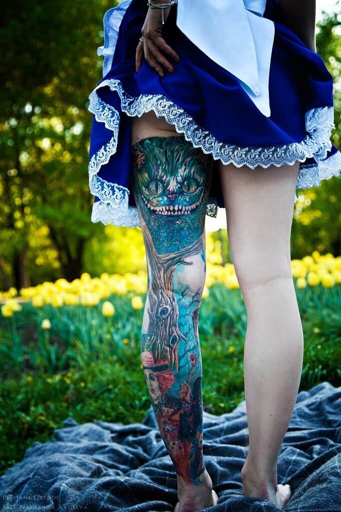 Alice in Wonderland Leg Sleeve Tattoo