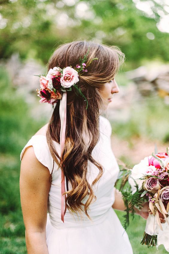 Curly Half Updo With Fresh Flowers and Ribbon