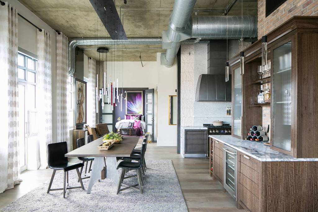 Industrial Brick Wall Kitchen and Dining Space