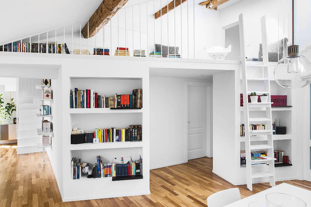 Bookshelves in Living Room White Interior