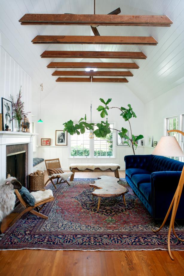 Eclectic Living Room With Blue Velvet Sofa