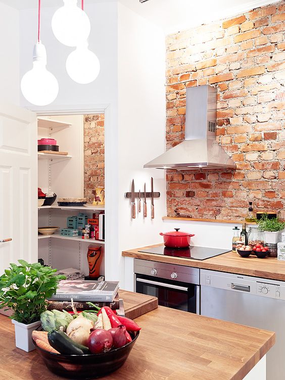 Exposed Brick Kitchen Design With Pantry Storage
