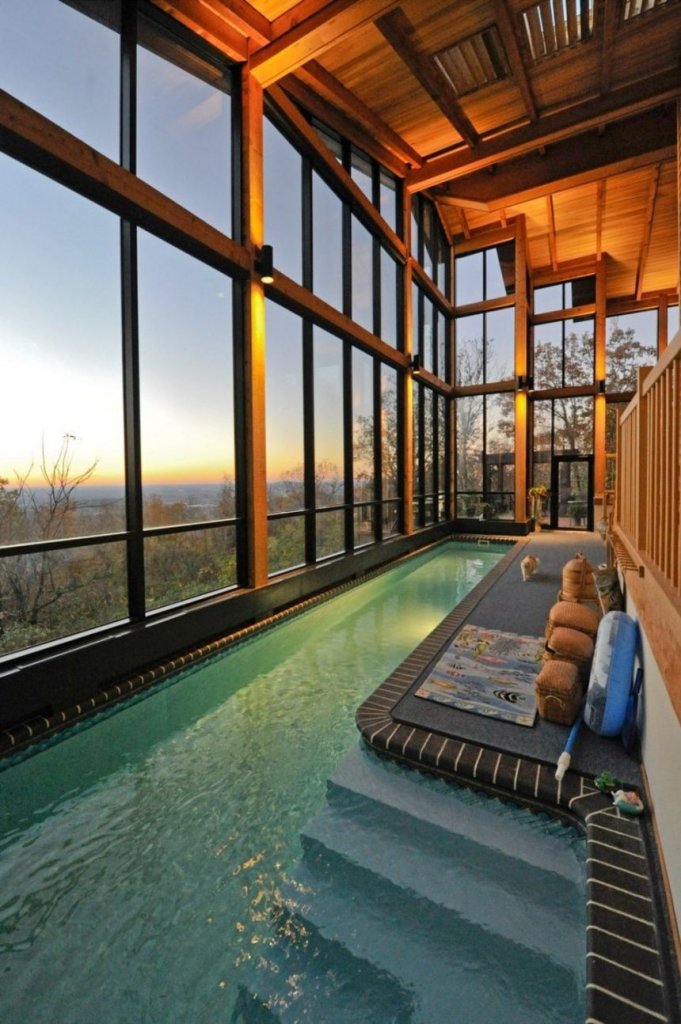 Glass and Wooden Door and Ceiling Pool