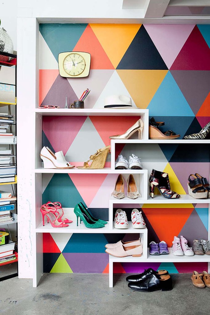 Shoes Storage Ideas With Triangle Design Colorful Wallpaper