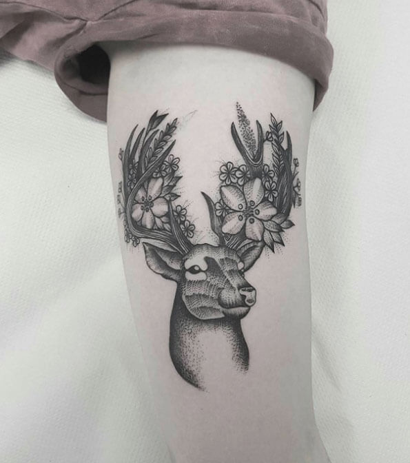 Beautiful Floral Tree-Themed Deer Tattoo