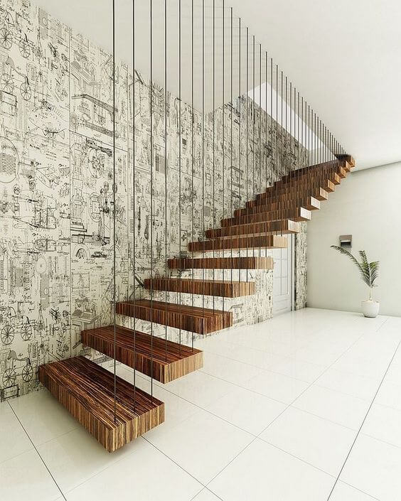 Beautify Dramatic Floating Staircase With Wallpaper