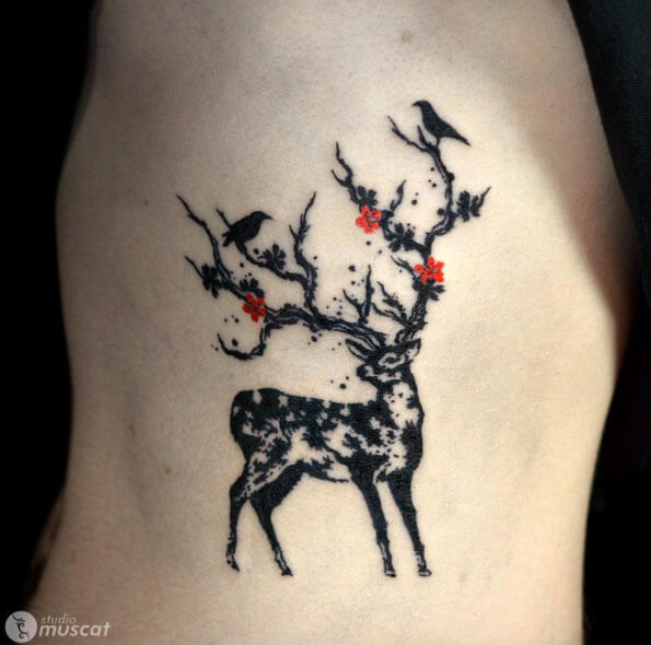 Colorful Blossoms Deer Nature Tattoo