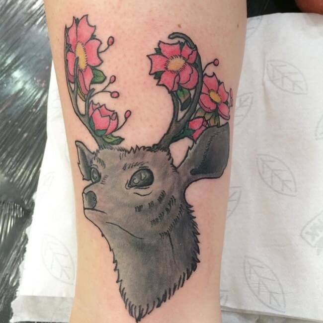 Deer Baby Color Flowers Horns Tattoo Design