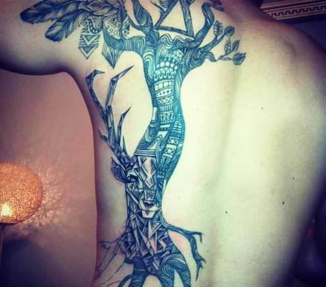 Deer Face Creative Tree Of Life Tattoo On Back