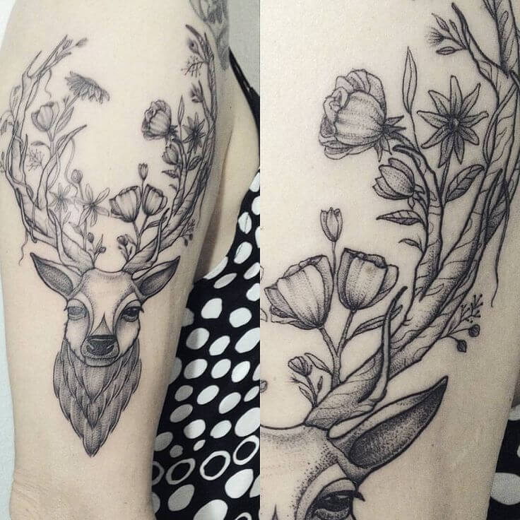 Deer Floral Tree-Themed Tattoo