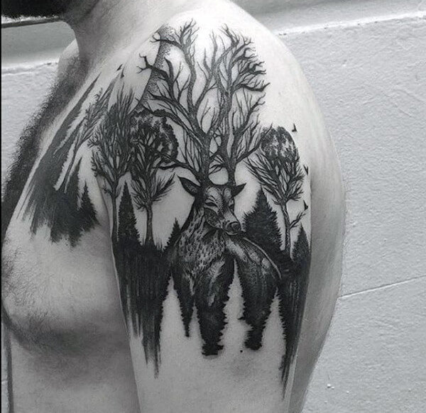 Deer in Forest Mens Negative Space Upper Arm Tattoo