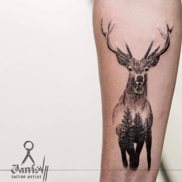 Double Exposure Stag Tree Deer Tattoo