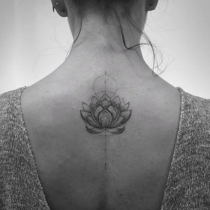 Fine Line Lotus Tattoo on Back For Girls