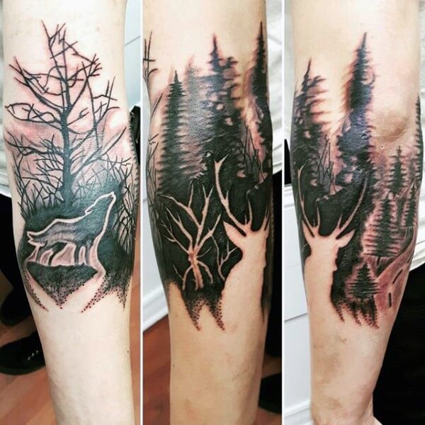 Forest and Deer Tattoo Black and White