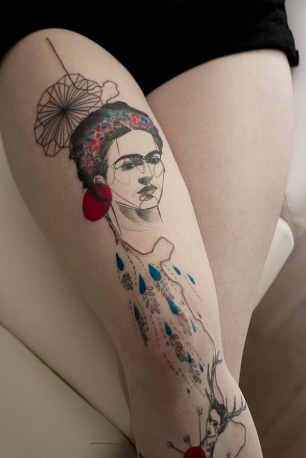 Geisha Girl Color Thigh Tattoo