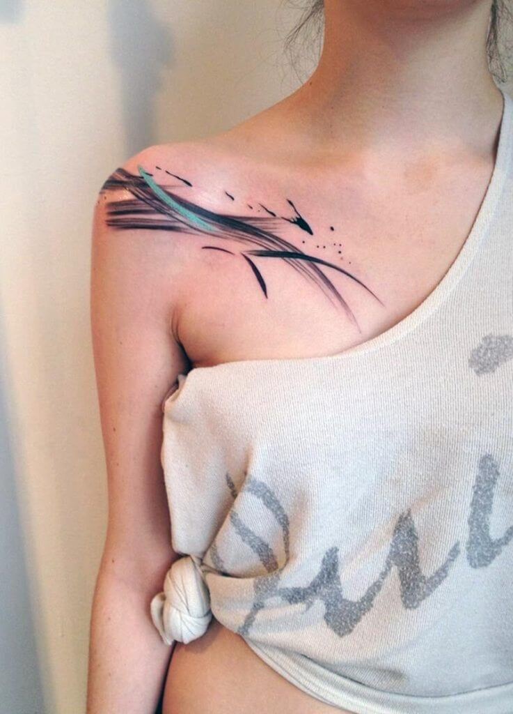 Green Black Abstract Color Tattoo on Collarbone