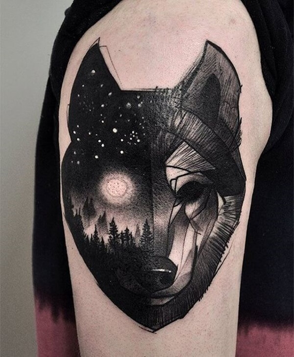 Half Geometric Shapes Half Night Sky Wolf Tattoo