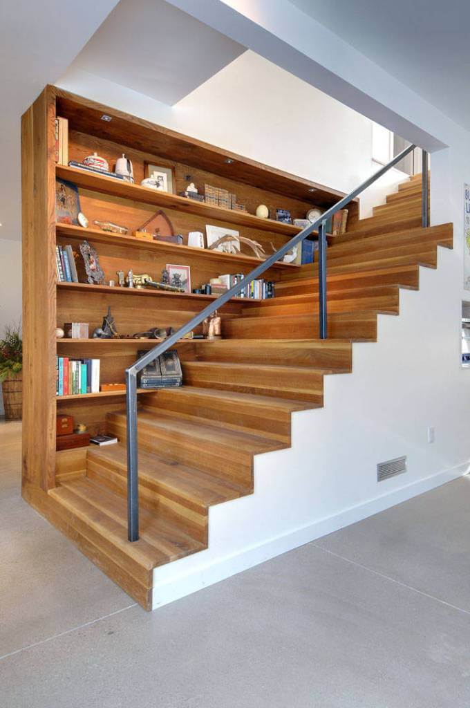Steel Handrail For Modern Wood Stairs Designs with Shelves
