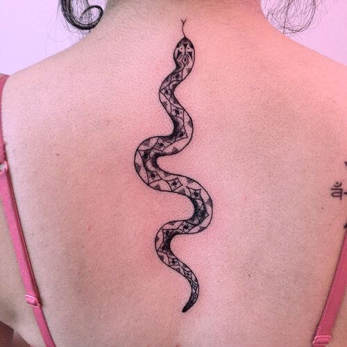 Beguiling Alone Portrayed Dotwork Snake Tattoo Womens Back