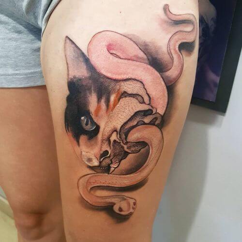 Cat Snake Portrait 3D Tattoo on Thigh