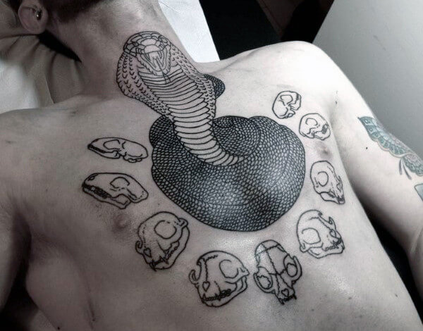 Chest 3D Snake Mens Tattoos with Skull