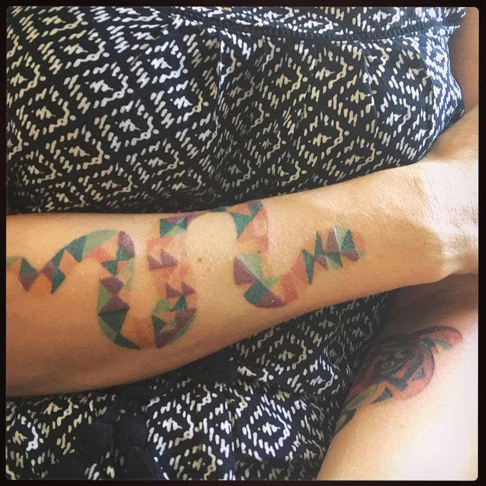 Colorful Geometric Style Mosaic Forearm Snake Tattoo for Women