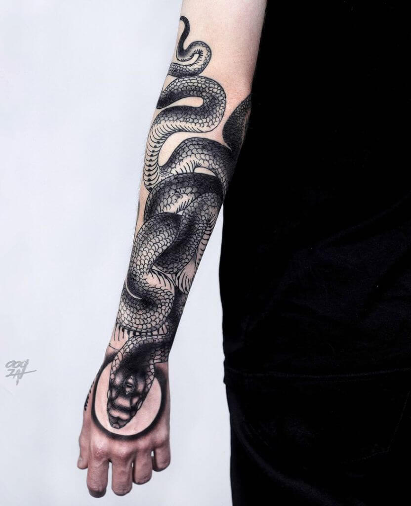 Full Side Arm Black Snake Tattoo