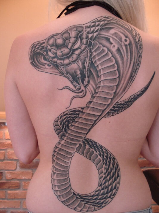 Grey Ink Scary Viper Snake Tattoo On Full Back for Girls