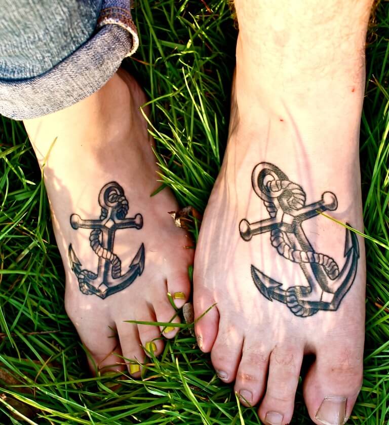 Matching Couple Snake Surrounded Anchor Tattoo on Feet