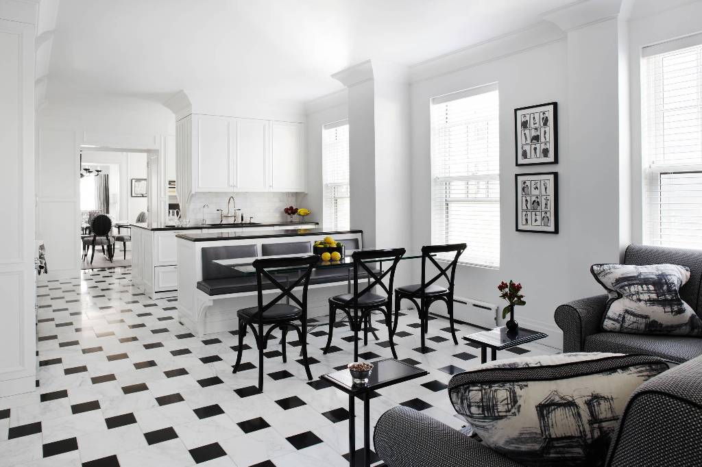 Open concept Kitchen Black and White Marble Floor