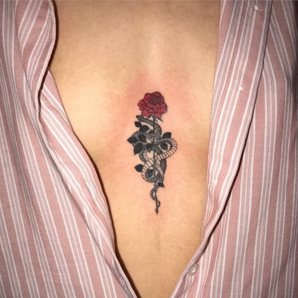 Red Rose Snake Tattoo on Chest for Girls