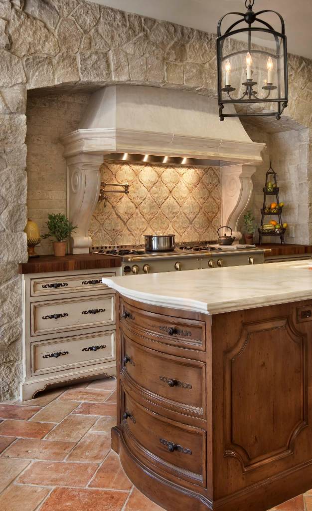 Rustic Stone Siding Modern Stove and Countertops Tuscan Kitchen