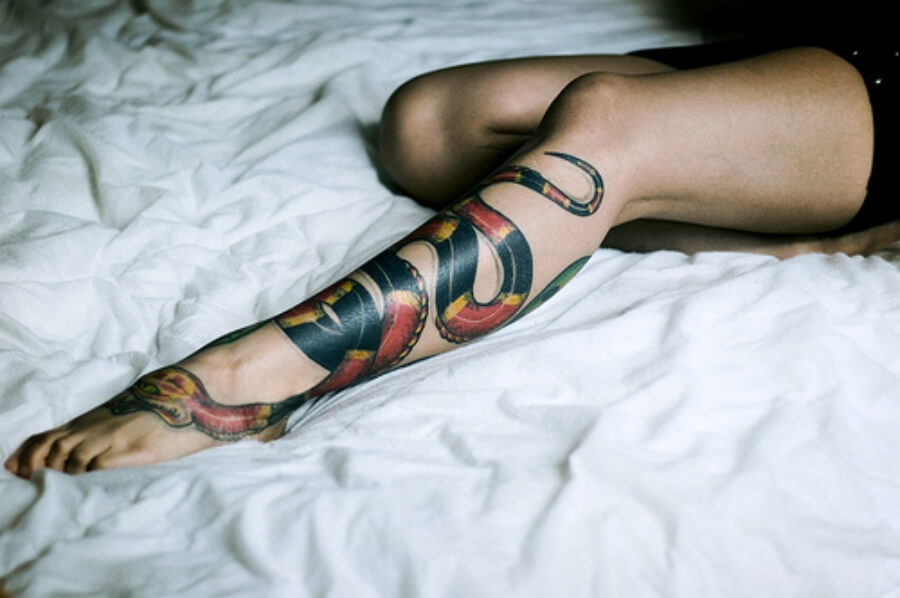 Snake Color Tattoo on Leg for Women