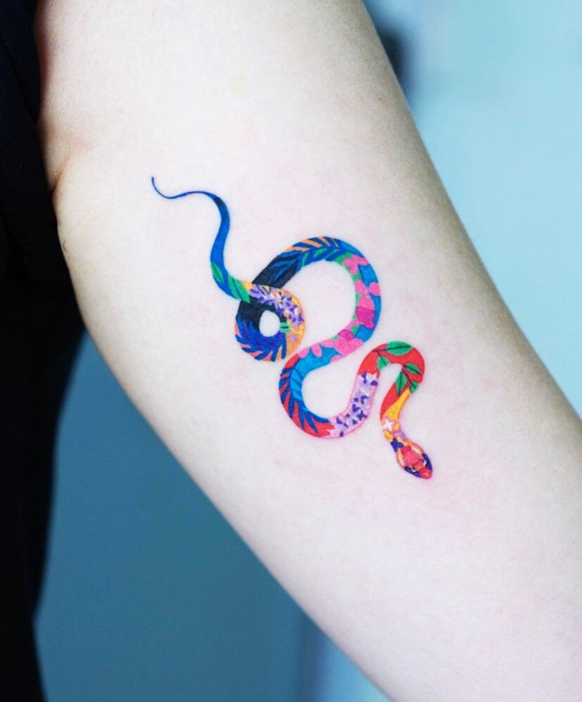 Tiny Colorful Snake Tattoo for Women on Sleeve