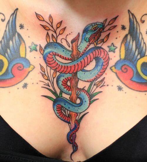 Vibrantly Colored Snake Tattoo with Beautiful Birds on Chest