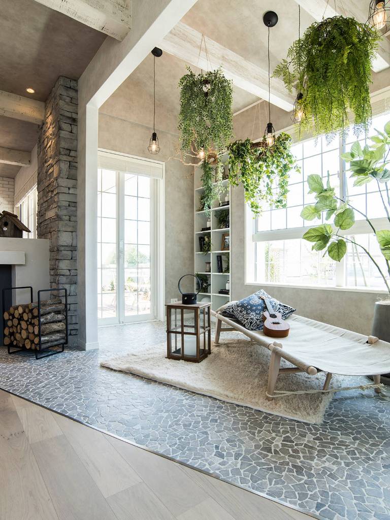 White Beams Hanging Plants Eclectic Sunroom