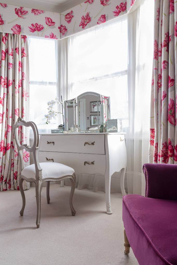 Floral Curtains Pop of Pink Bright Bedroom Makeup Space