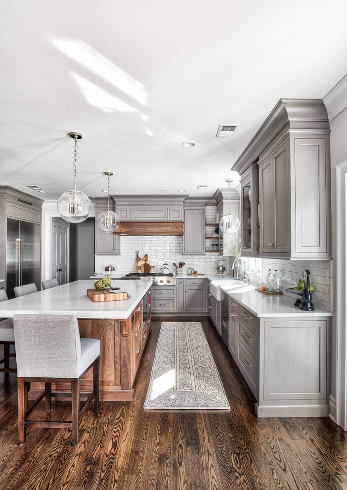 Dark Wood Floor Grey Kitchen Cabinets